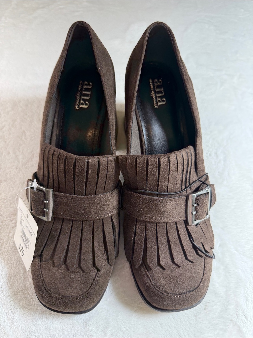 a.n.a Chocolate Brown Suede Fringe Loafers with Buckle